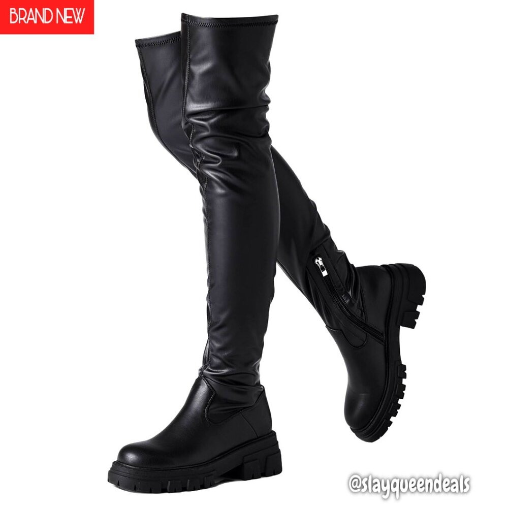 Women's Thigh High Boots Platform Lug Sole Stretchy Over The Knee